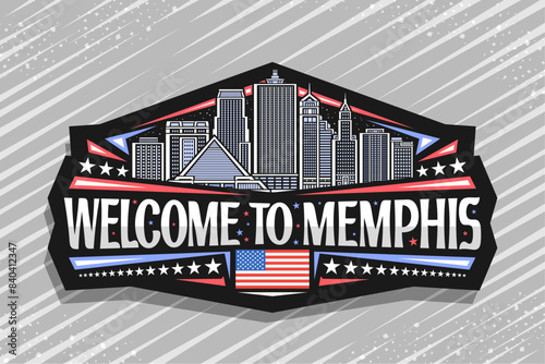 Vector logo for Memphis, black decorative label with line illustration of modern urban memphis city scape on nighttime sky background, art design refrigerator magnet with words welcome to memphis