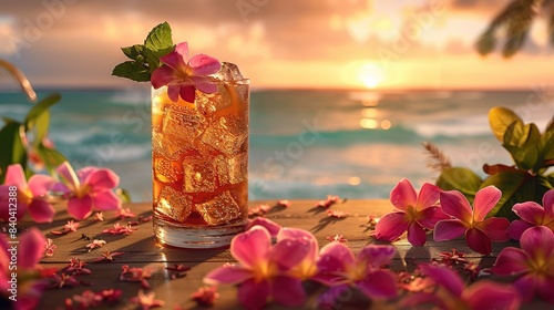  Glass filled with a drink on wooden table by body of water and pink flowers