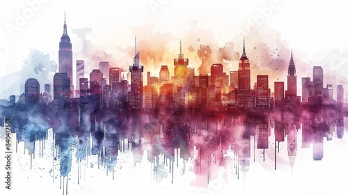 watercolor New York City skyline in watercolor painting. Purple  blue and red colors.
