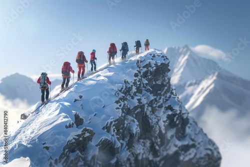Group of people hiking up a snow-covered mountain, great outdoor adventure scene