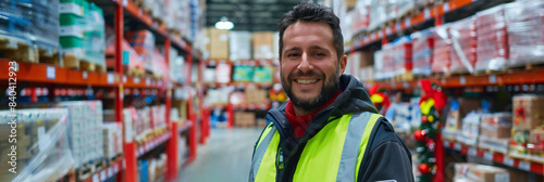 Smiling warehouse employee poses with distribution checklist in hand