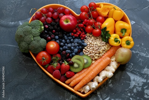 A vibrant photo captures a heart-shaped bowl overflowing with nutritious diet foods  including fresh fruits  vegetables  and whole grains.
