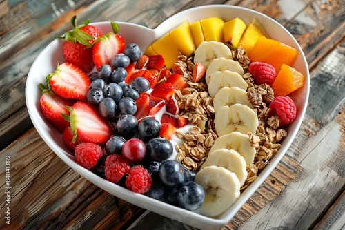 A vibrant photo captures a heart-shaped bowl overflowing with nutritious diet foods, including fresh fruits, vegetables, and whole grains.