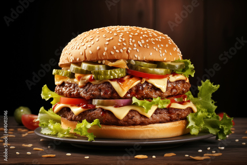 delicious hamburger on wooden table isolated on black background