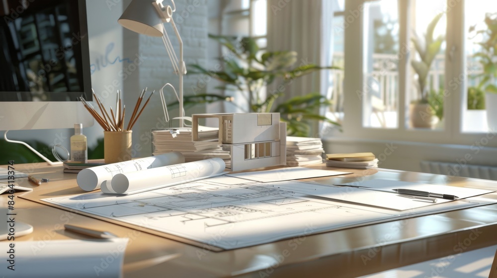 Architect's Workspace Creative Tools Blueprint and 3D Model on Desk Architect's Workspace Creative Tools Blueprint and 3D Model on Desk