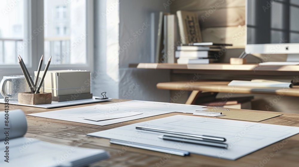 Architect's Workspace Creative Tools Blueprint and 3D Model on Desk Architect's Workspace Creative Tools Blueprint and 3D Model on Desk