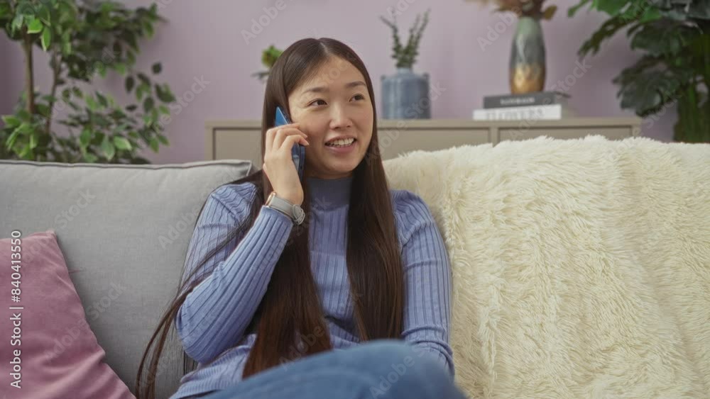 A young chinese woman talks on a smartphone while sitting on a cozy couch in a beautifully decorated living room at home. A young chinese woman talks on a smartphone while sitting on a cozy couch in a beautifully decorated living room at home.