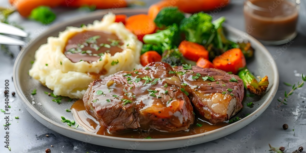Sunday roast beef mashed potatoes vegetables and gravy on a plate. Concept Food Photography, Comfort Meal, Homemade Roast Beef, Delicious Gravy, Sunday Dinner Sunday roast beef mashed potatoes vegetables and gravy on a plate. Concept Food Photography, Comfort Meal, Homemade Roast Beef, Delicious Gravy, Sunday Dinner