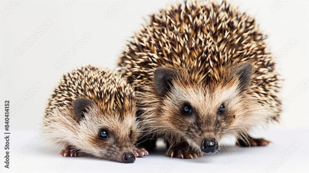 Two hedgehogs sit side by side, showcasing their prickly friendship Two hedgehogs sit side by side, showcasing their prickly friendship
