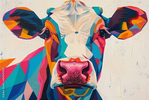 An abstract art form of a cow s face  featuring bold geometric shapes and vibrant colors  set against a soft pastel white background