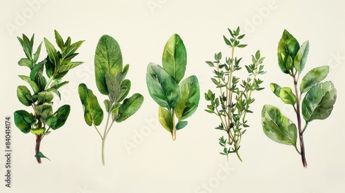 watercolor Set of watercolor hand drawn aromatic herbs. Oregano  basil  sage  rosemary and thyme. Isolated on white background.