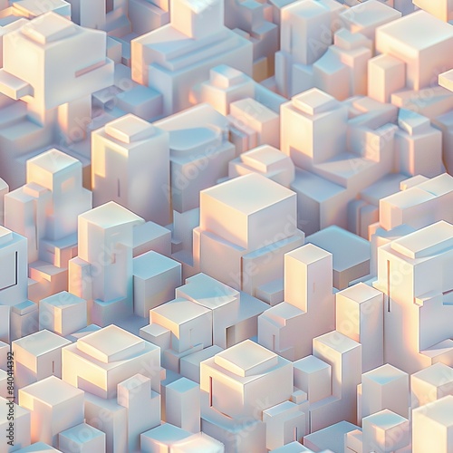 A 3D render of an abstract geometric cityscape  with buildings composed of various polyhedra  bathed in soft morning light with long shadows. Minimal pattern banner wallpaper  simple background 