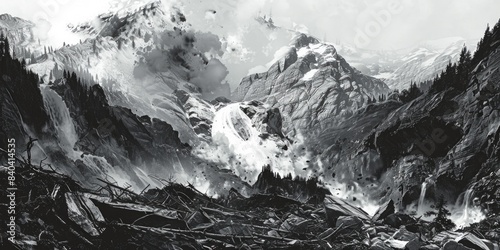 A serene black and white photograph of a mountain with snow-covered peaks, capturing the beauty of nature #840414535