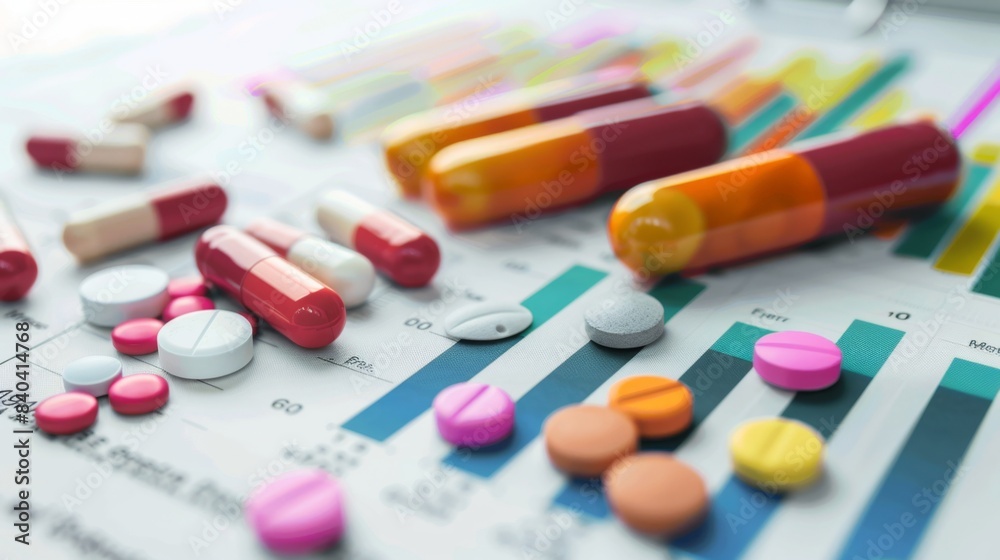 Pharmaceutical Data Visualization Pill Bar Chart on Medical Document Pharmaceutical Data Visualization Pill Bar Chart on Medical Document