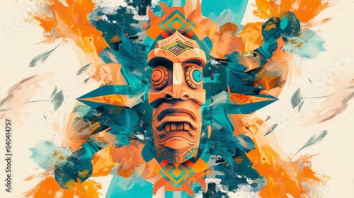 Digital illustration featuring a tribal Pacific islander tiki mask