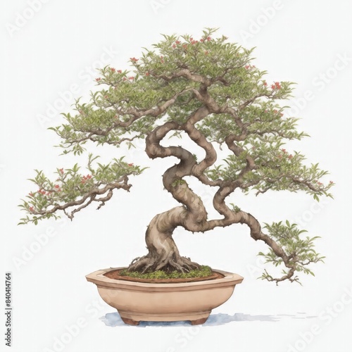 Illustration of fukien tea bonsai in the style of watercolor on a white background
