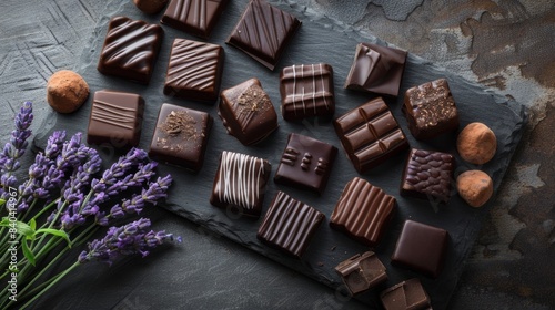 Luxurious Dark Chocolate Delights Lavender Infused Gourmet Indulgence on Slate Board