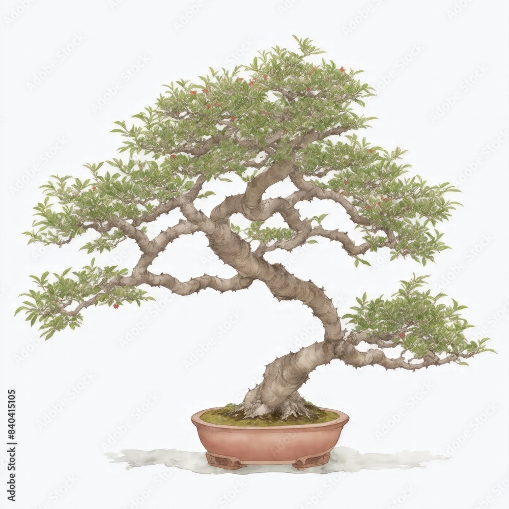 Illustration of fukien tea bonsai in the style of watercolor on a white background Illustration of fukien tea bonsai in the style of watercolor on a white background