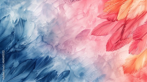 watercolor The image is a watercolor painting of a feather. The colors are blue  pink  and orange. The painting has a soft  dreamy feel to it.
