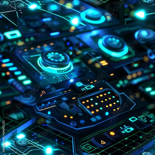 A futuristic 3D render of a geometric control panel, with hexagonal buttons and holographic displays glowing in shades of blue and green. Minimal pattern banner wallpaper, simple background, Seamless,