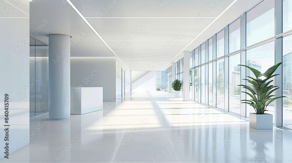 Light white and blue spacious bank office space. Modern large panoramic windows. Light white and blue spacious bank office space. Modern large panoramic windows.