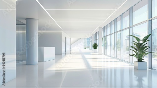 Light white and blue spacious bank office space. Modern large panoramic windows.