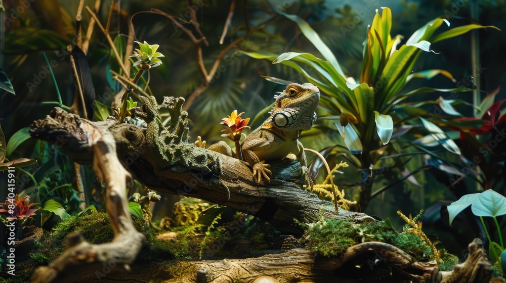A small reptile sits atop a tree branch amidst lush jungle foliage, offering a glimpse into the tropical ecosystem A small reptile sits atop a tree branch amidst lush jungle foliage, offering a glimpse into the tropical ecosystem