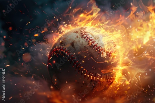 A baseball soaring through the air with flames engulfing its surface, ideal for illustrations on action, sports, and fiery themes photo