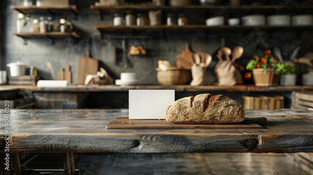 Fototapeta premium Artisan Bakery Freshly Baked Bread Rustic Kitchen and Blank Business Cards