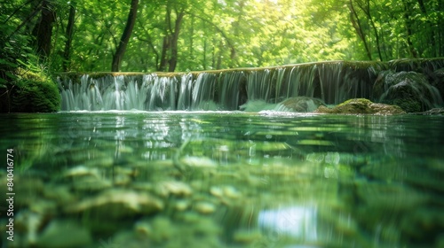 Serene and Tranquil Forest Landscape with a Clear Flowing River Creates an Idyllic Wellness Background Promoting Relaxation Mindfulness and Connection with Nature