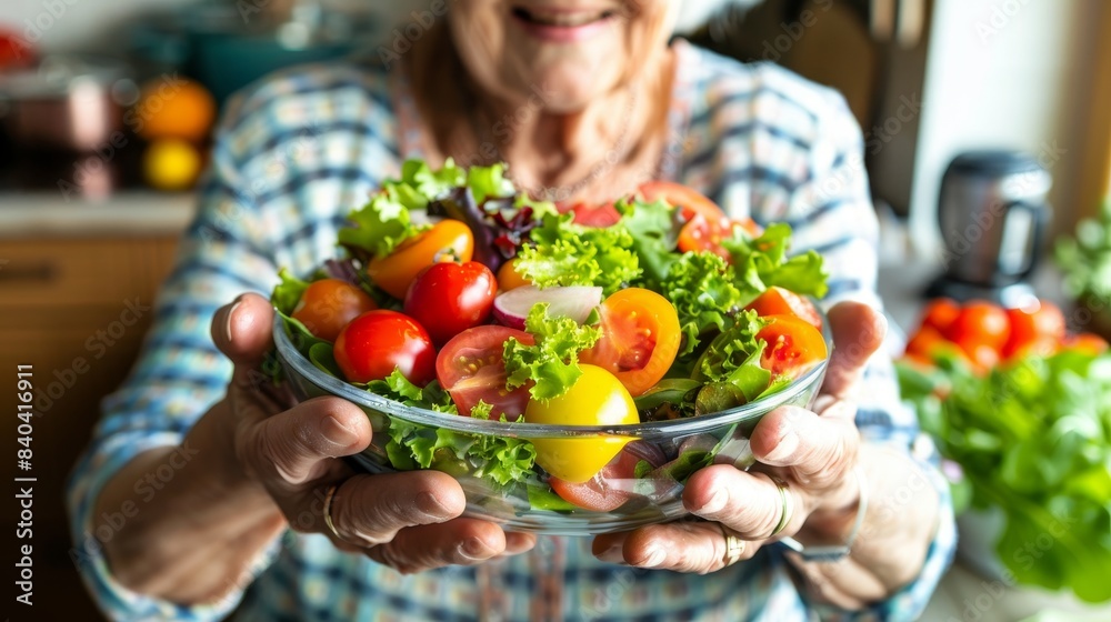 Senior lady smiling with joy holding a nutritious vegetable salad bowl in a cozy kitchen setting Senior lady smiling with joy holding a nutritious vegetable salad bowl in a cozy kitchen setting