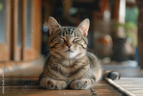 A domestic cat is lying down on a wooden floor, its eyes closed in relaxation