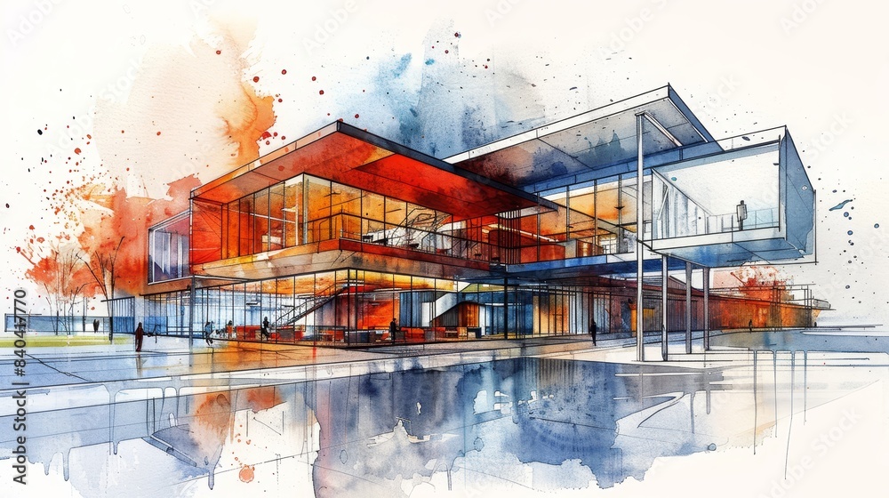 watercolor The image shows a modern glass and steel building with a red ...