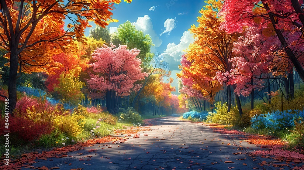 a colorful landscape in the spring a road in the forest and an abstract design.stock photo