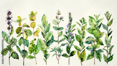 watercolor The image shows a variety of watercolor herbs. photo