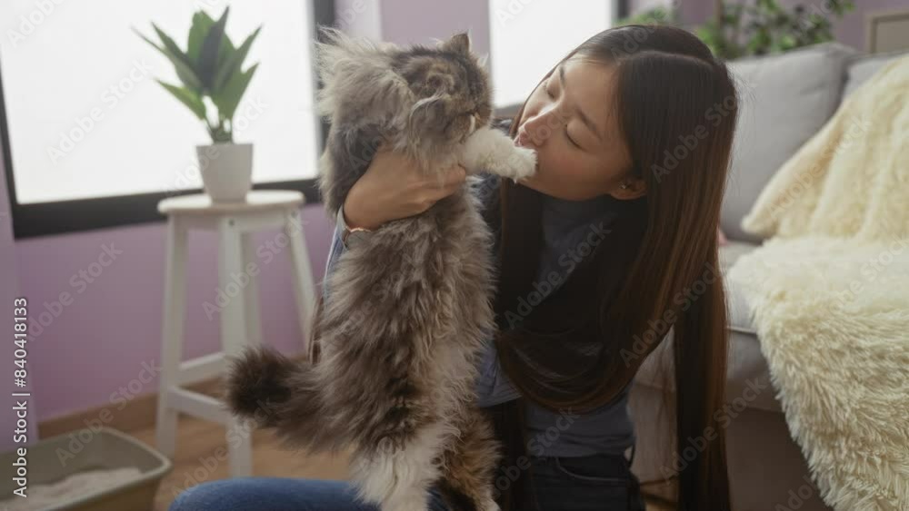 A young woman in a cozy indoor setting holds and kisses her fluffy kitten in a living room with a plant in the background. A young woman in a cozy indoor setting holds and kisses her fluffy kitten in a living room with a plant in the background.