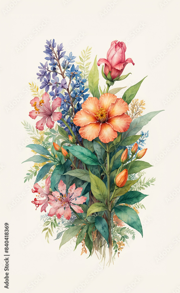 bouquet of garden and wild flowers. Watercolor Botanical illustration isolated