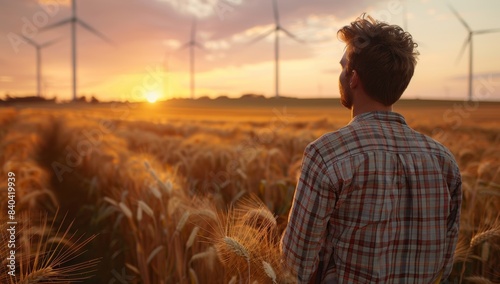 Farmer in Wheat Field with Wind Turbines at Sunset