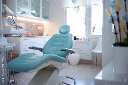 Dental chair in a bright turquoise room