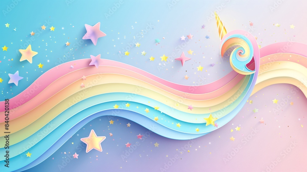 High-resolution graphic poster for a colorful birthday party, featuring stars and a flowing rainbow design; includes pastel shades, magical elements, and a pride theme for a fantasy-like celebration