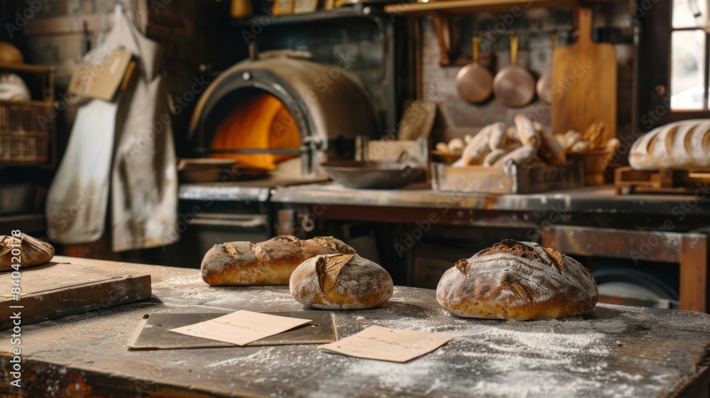 Fototapeta premium Rustic Artisan Bread Bakery Blank Business Cards FlourDusted Apron and Wood Oven in a Cozy Kitchen Setting