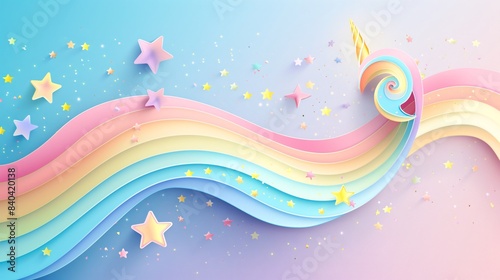 High-resolution graphic poster for a colorful birthday party  featuring stars and a flowing rainbow design  includes pastel shades  magical elements  and a pride theme for a fantasy-like celebration