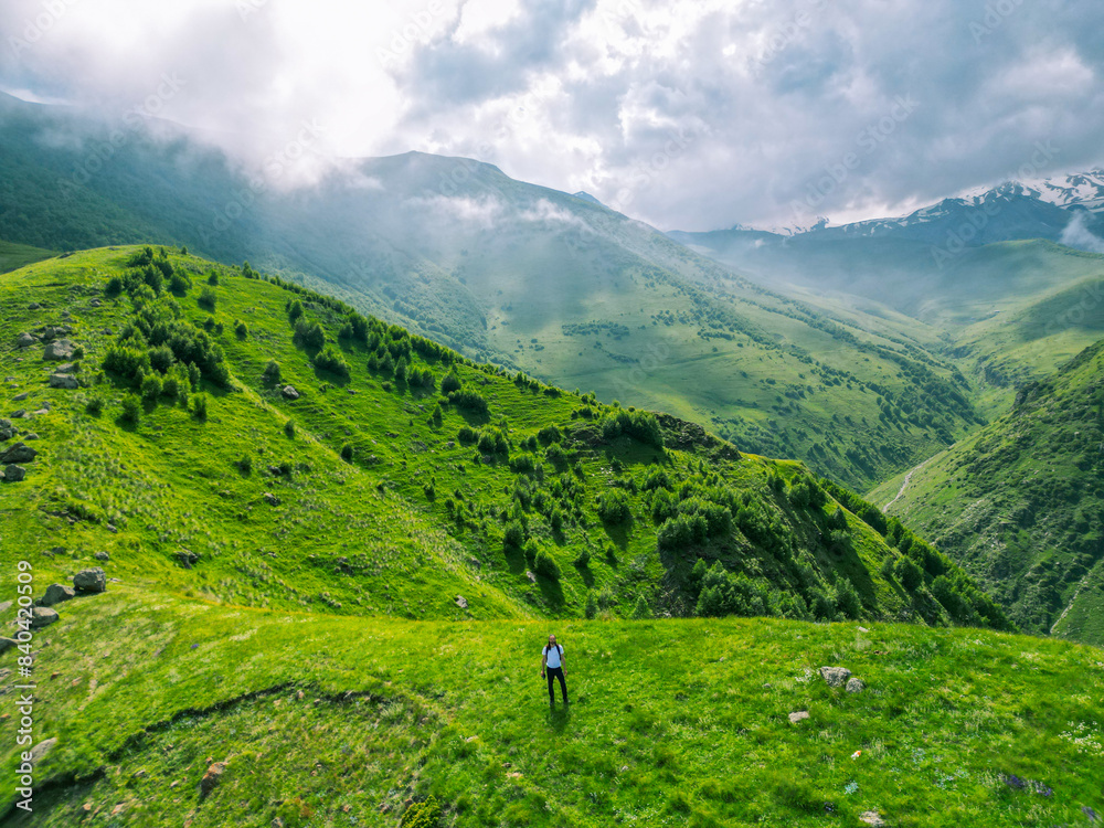 Fototapeta premium green grassy mountain landscape - aerial drone shot, background wallpaper