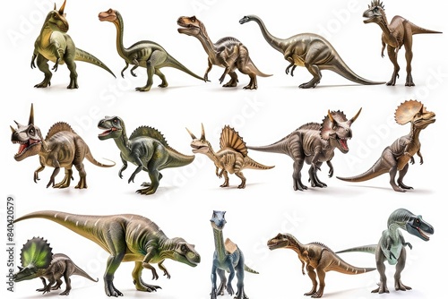 A group of small toy dinosaurs arranged in a row  ideal for use in illustrations or as a decorative element