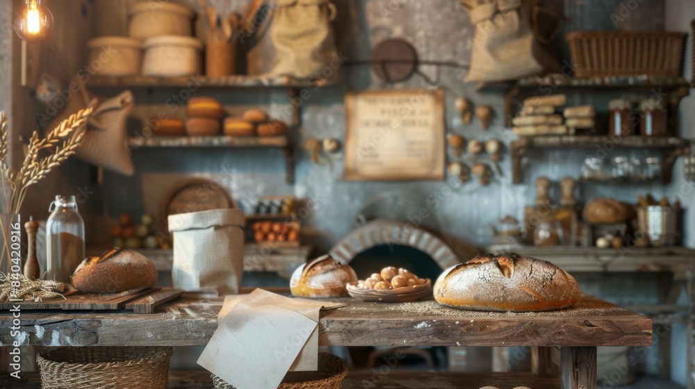 Rustic Bakery Artisanal Sourdough Bread and Woodfired Oven in Cozy Kitchen Freshly Baked Blank Business Cards Flour Sacks Homemade Baking Concept Rustic Bakery Artisanal Sourdough Bread and Woodfired Oven in Cozy Kitchen Freshly Baked Blank Business Cards Flour Sacks Homemade Baking Concept
