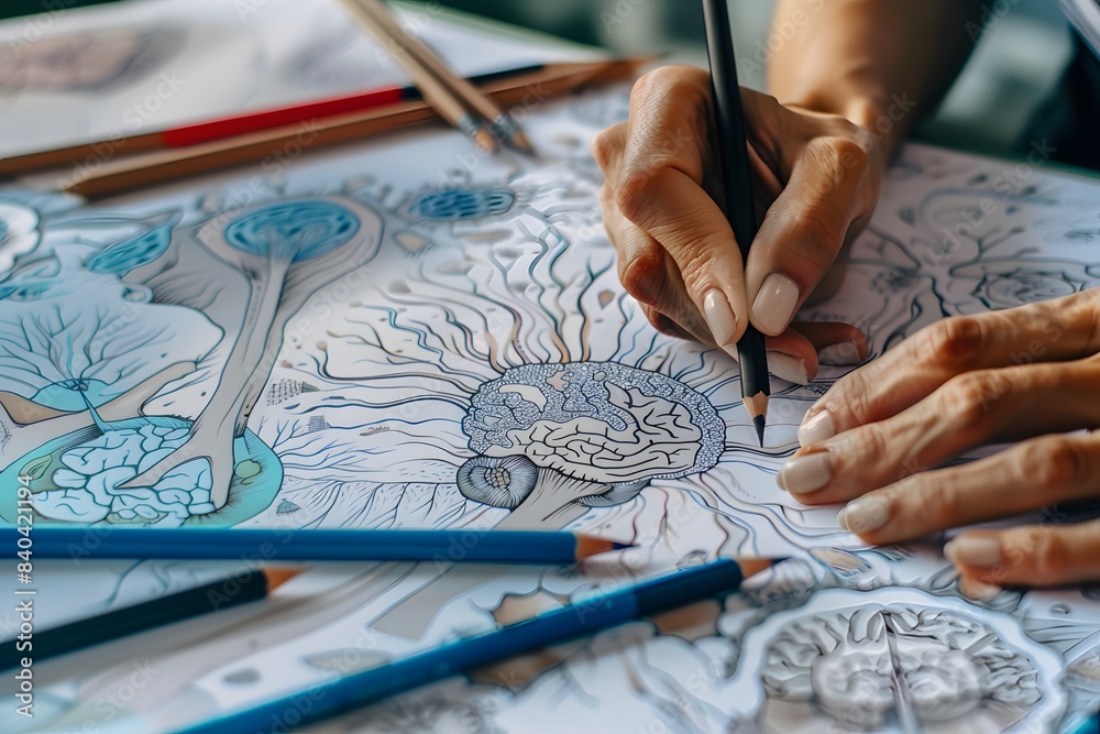 Close up of human hands drawing neurographic art. Mental health, fine motor skills of adults, creativity, psychology. Close up of human hands drawing neurographic art. Mental health, fine motor skills of adults, creativity, psychology.