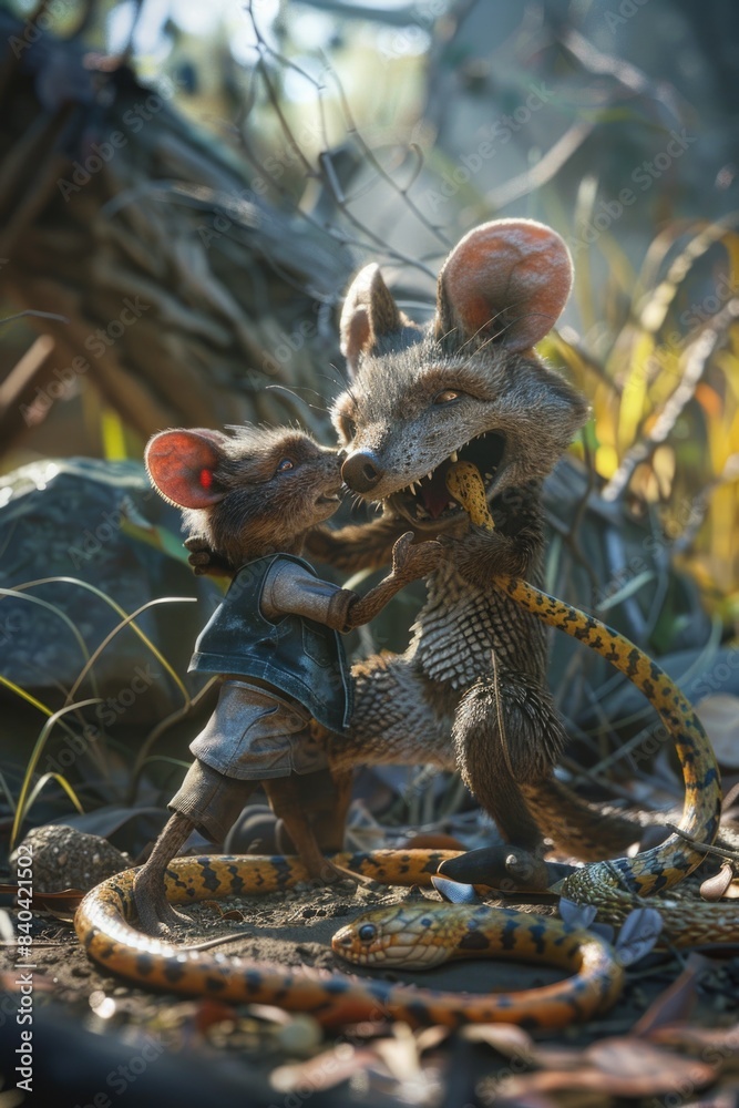 Obraz premium Two mice playfully interact with a snake in a natural setting