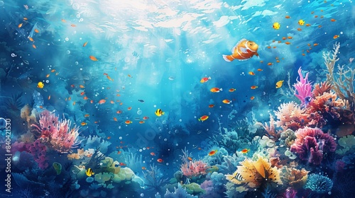 watercolor Underwater world. Colorful fishes among bright corals.