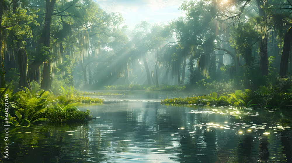 A serene nature swamp with still waters and dense vegetation, the sunlight creating a warm and inviting atmosphere A serene nature swamp with still waters and dense vegetation, the sunlight creating a warm and inviting atmosphere