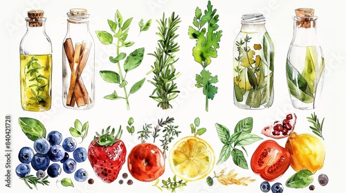 Fototapeta Naklejka Na Ścianę i Meble -  watercolor watercolor painting of various herbs and spices, fruits and vegetables, all arranged in a row